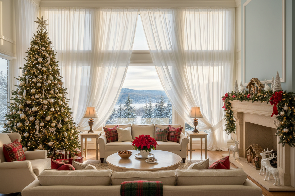 please create a nice image to sell home decor, breezy curtain, big space, beautiful scenery with appealing positive brighten colour, and add christmas element to this photo to sell home decoration touch to elevant space